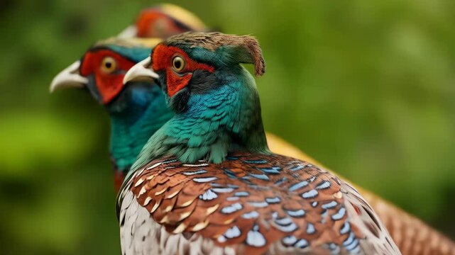 Three colorful pheasants stand in a row, vibrant plumage with orange, purple, turquoise, red and brown feather details, looking straight ahead.