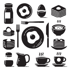 Breakfast Food and Drink Silhouettes Vector Icon Set