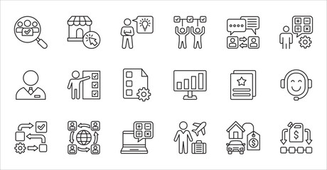 Business company and Management icon set. Contains symbol of teamwork, target, market, global, success, customer service, leadership, holiday, asset, meeting, entrepreneur. Vector illustration