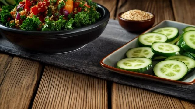 Close-up of vibrant tabouli salad with fresh vegetables and grains served in a dark bowl on rustic wood.