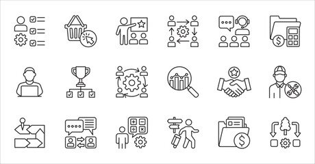 Business company and Management icon set. Contains symbol of teamwork, target, market, global, success, customer service, leadership, holiday, asset, meeting, entrepreneur. Vector illustration