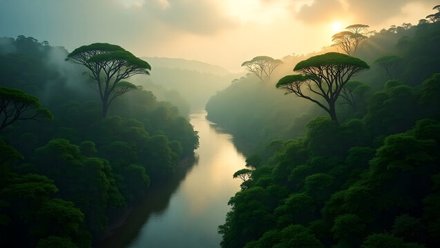 Misty Sunrise Over Lush Green River Valley