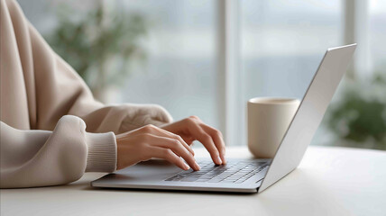 digital nomad business relaxed outfit with laptop and coffee mug typing at desk near large window sunlightfilled minimalist workspace hyperrealistic photo