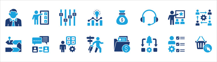 Business and management icon set. Contains symbol of businessman, target, leadership, progress, holiday, data, stock, market, accounting, training, resource, finance, service. Vector illustration
