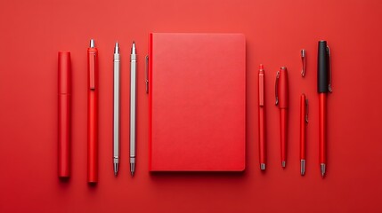 Assorted red and silver writing instruments on a red background.
