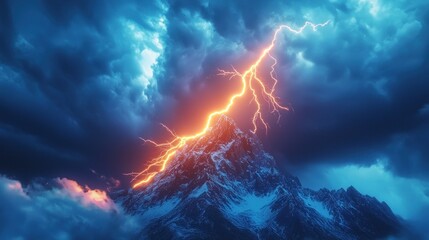 Fototapeta premium Majestic Mountain Summit Struck by Fiery Lightning Bolt During a Dramatic Storm