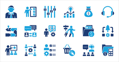 Business company and Management icon set. Contains symbol of teamwork, target, market, global, success, customer service, leadership, holiday, asset, meeting, entrepreneur. Vector illustration