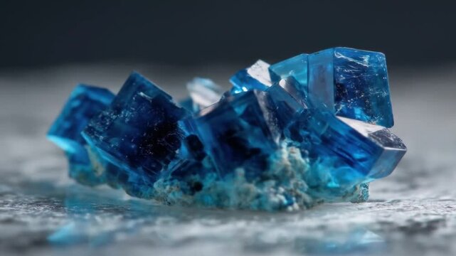 A close up shot of a cluster of vibrant blue crystals resting on a textured white surface, mineral specimen