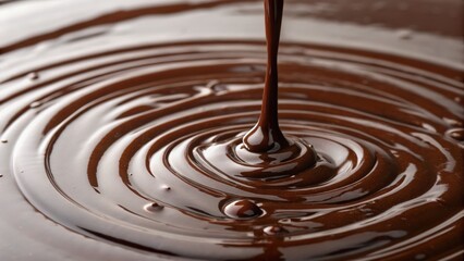 World Chocolate Day concept. Rich, glossy chocolate dripping and creating ripples on a smooth surface.