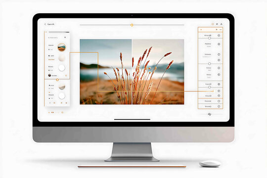A sleek and modern photo editing app interface on a highresolution desktop screen with a darker grey background and neon blue accents featuring a clutte