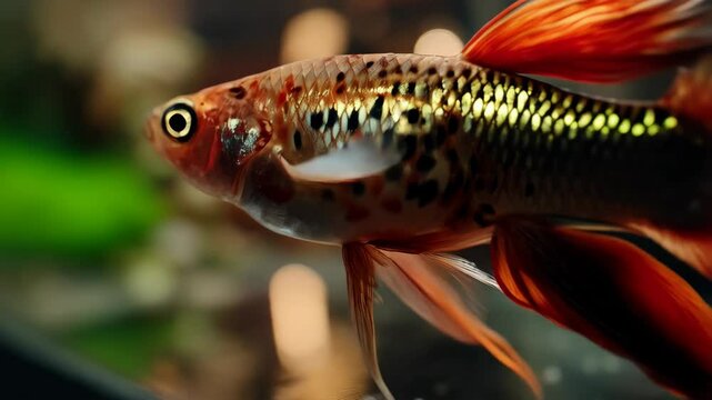 Single decorative guppy swimming underwater with orange and black detailed fins and patterned scales in dark ambiance