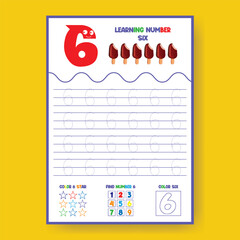 Learning Number Six Worksheet for Kids, number tracing poster
