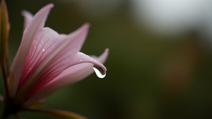 Fototapeta premium Pink Flower with Dewdrop Close Up Soft Lighting Blurred Green Background