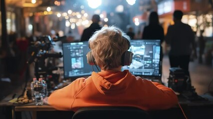 Under sparkling lights, a young digital artist focuses intensely on multiple screens, surrounded by the energy of a lively night market. A community gathers, appreciating the art.