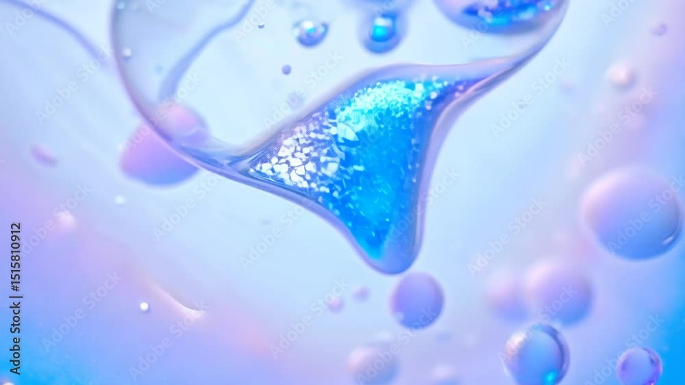 Poster dynamic drops of holographic glitter in pastel violet oil or ink diffusing through water, creating a
