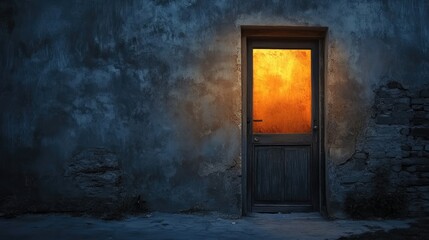 Illuminated door on a textured wall at dusk.