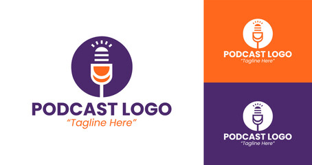Modern Podcast Logo Design Featuring Microphone and Stylish Purple and Orange Colors