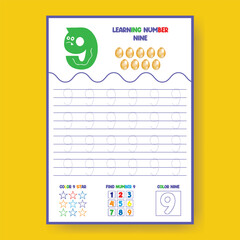 Number Nine Tracing and Coloring Worksheet for Kids