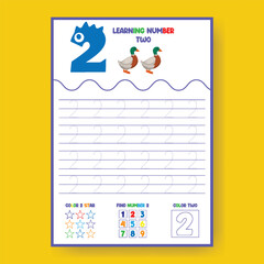 Number Tracing Worksheet for Preschoolers Learning Number Two