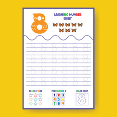 Learning Number Eight Worksheet for Kids with Tracing and Coloring Activities