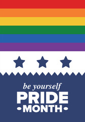 Fototapeta premium LGBT Pride Month in June. Lesbian Gay Bisexual Transgender. Celebrated annual. LGBT flag. Rainbow love concept. Human rights and tolerance. Poster, card, banner and background. Vector illustration