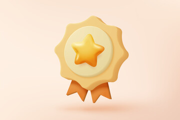 3d winner medal with star and ribbon on pastel yellow background. Quality guarantee of product champion award with cartoon minimal style. 3d graphics medal rating icon vector rendering illustration
