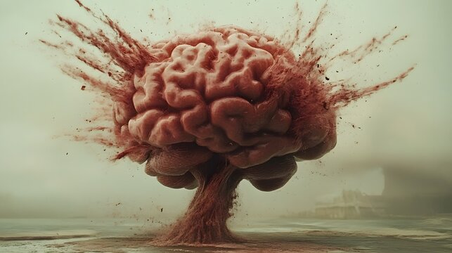 Exploding brain in a surreal landscape.