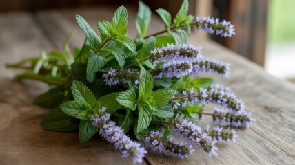 Beautiful fresh mint herb with delicate purple flowers laying on a rustic wooden surface for culinary and wellness concepts.