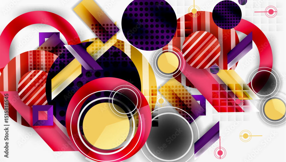 Poster abstract composition. geometric shapes overlap, creating dynamic visual texture. red, yellow, purple