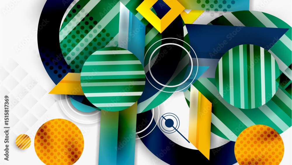 Poster Abstract geometric composition. Circles, rectangles overlap creating dynamic visual effect. Green, orange, blue dominate palette.
