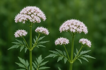 Delicate pale pink valerian flowers blooming in a lush green garden close up natural light fresh botanical display