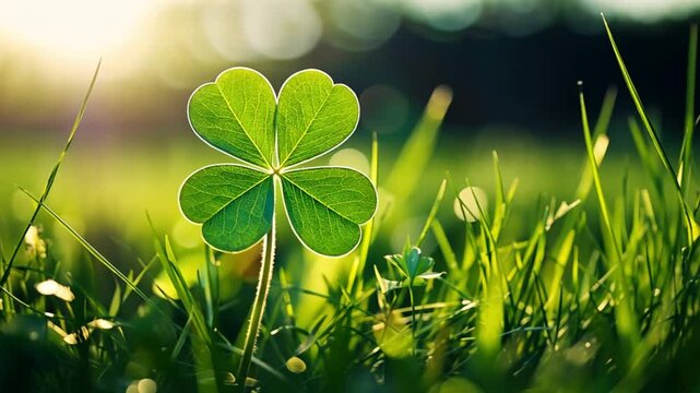 A green clover leaf glowing in sunlight over grass showing nature beauty hope and luck in a peaceful natural environment