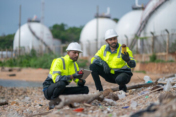 Environmental engineer or workers examining waste water along a large industrial waste water or...