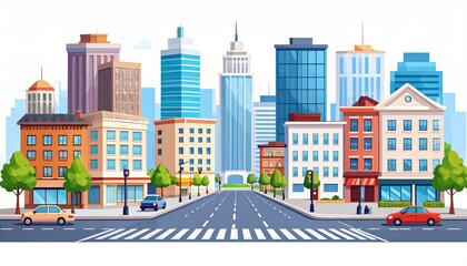 City crossroad vector illustration, diverse architecture buildings