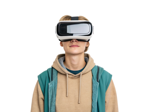 A person wearing virtual reality goggles, focused and engaged in a digital experience.