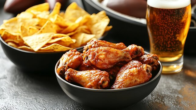 Buffalo wings and beer feast sports bar food photography lively atmosphere close-up view game day celebration