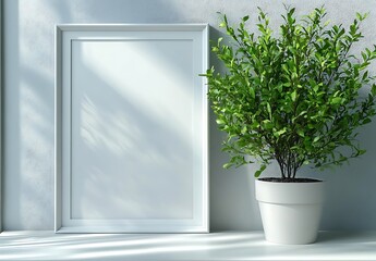 Mockup of blank white frame with green plant and soft shadows

