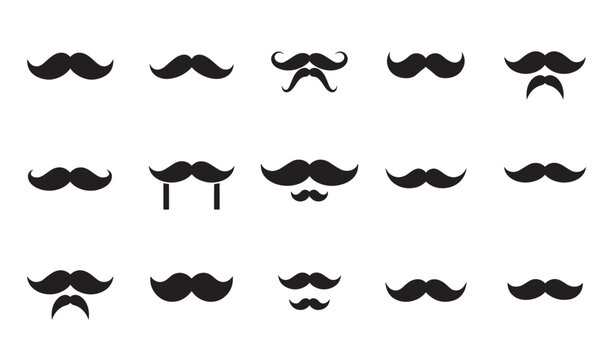 Collection of various stylish black mustache vector illustrations on a clean white background