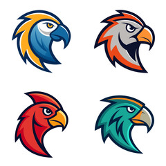 Fototapeta premium Collection of four stylized bird head logos in varying colors isolated on a white background design vector