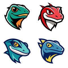 Collection of cartoon lizard head illustrations in various colors and design styles shown together
