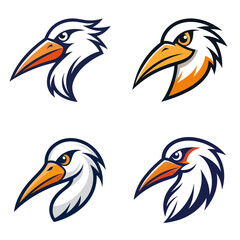 Obraz premium Collection of four stylized bird head illustrations with orange beaks and white and blue feathers