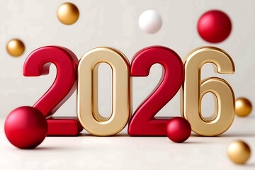 3D rendering of the word 2026 in metallic red and gold threedimensional letters with floating abstract paper balls and spheres soft golden lighting mini