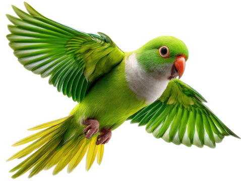 Flying Monk Parakeet: A vibrant green Monk Parakeet with bright yellow tail feathers takes flight, wings outstretched in mid-air, showcasing its elegant and agile nature.