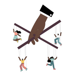 Hand and puppets. People hung on strings. Political concept. Business lines. management and...