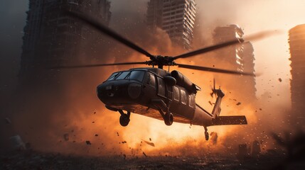 Helicopter escaping from the explosion in city with fire and debris during action movie scene