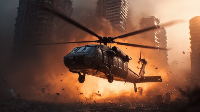 Fototapeta Helicopter escaping from the explosion in city with fire and debris during action movie scene