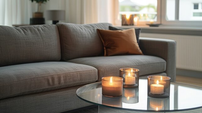 Sleek living room, stylish grey sofa, candles on glass table, minimalist design, calm and elegant