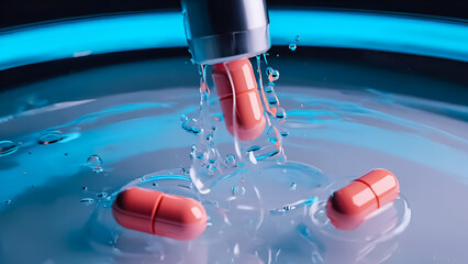 Pink pill dissolving,melting in water.medical and healthcare.