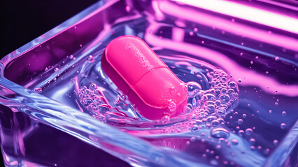 Pink pill dissolving,melting in water.medical and healthcare.
