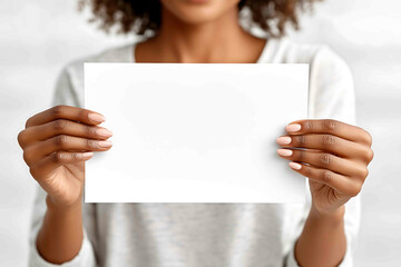 African American womans hands holding a large white blank postersized newspaper in front of her no face The focus is on her hands with short neatly trim